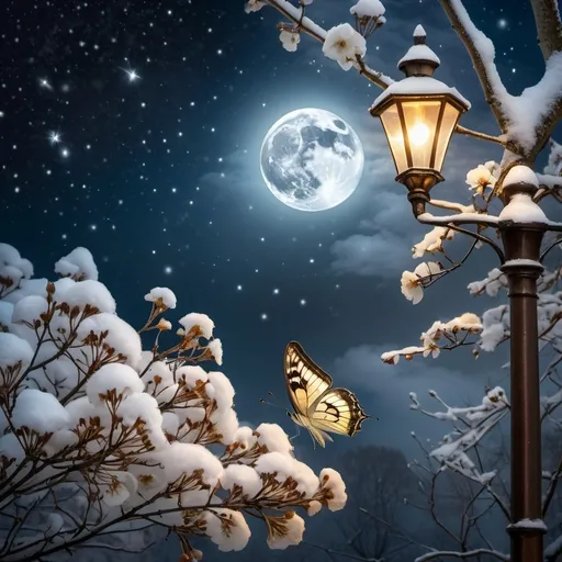 Prompt: Lonely silver colour butterfly on a snowy night sit at a single flower in a withered dogwood tree illuminated by  fireflies that surrounds the old street lamp, crescent moon hanging on the sky shrouded by gossamer of clouds