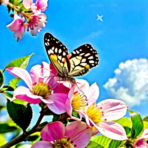 Prompt: Single silver colour butterfly sit at a single flower in dogwood tree at forefront,half moon on the sky covered by cloud at background 