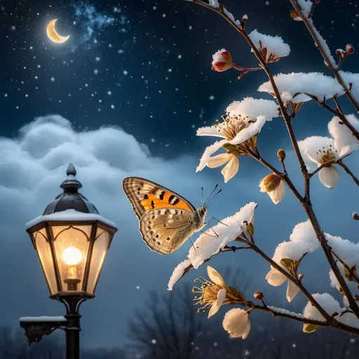 Prompt: Lonely silver colour butterfly with a broken wing on a snowy night sit at a single flower in a withered dogwood tree illuminated by fireflies that surrounds the broken old street lamp,half moon hanging on the sky covered by clouds,