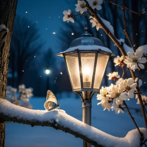 Prompt: Lonely silver colour butterfly on a snowy night sit at a single flower in a withered dogwood tree illuminated by  fireflies that surrounds the old street lamp