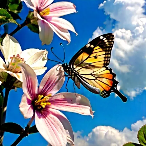 Prompt: Single silver colour butterfly sit at a single flower in dogwood tree at forefront,half moon on the sky covered by cloud at background 