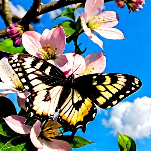 Prompt: Single silver colour butterfly sit at a single flower in dogwood tree at forefront,half moon on the sky covered by cloud at background 