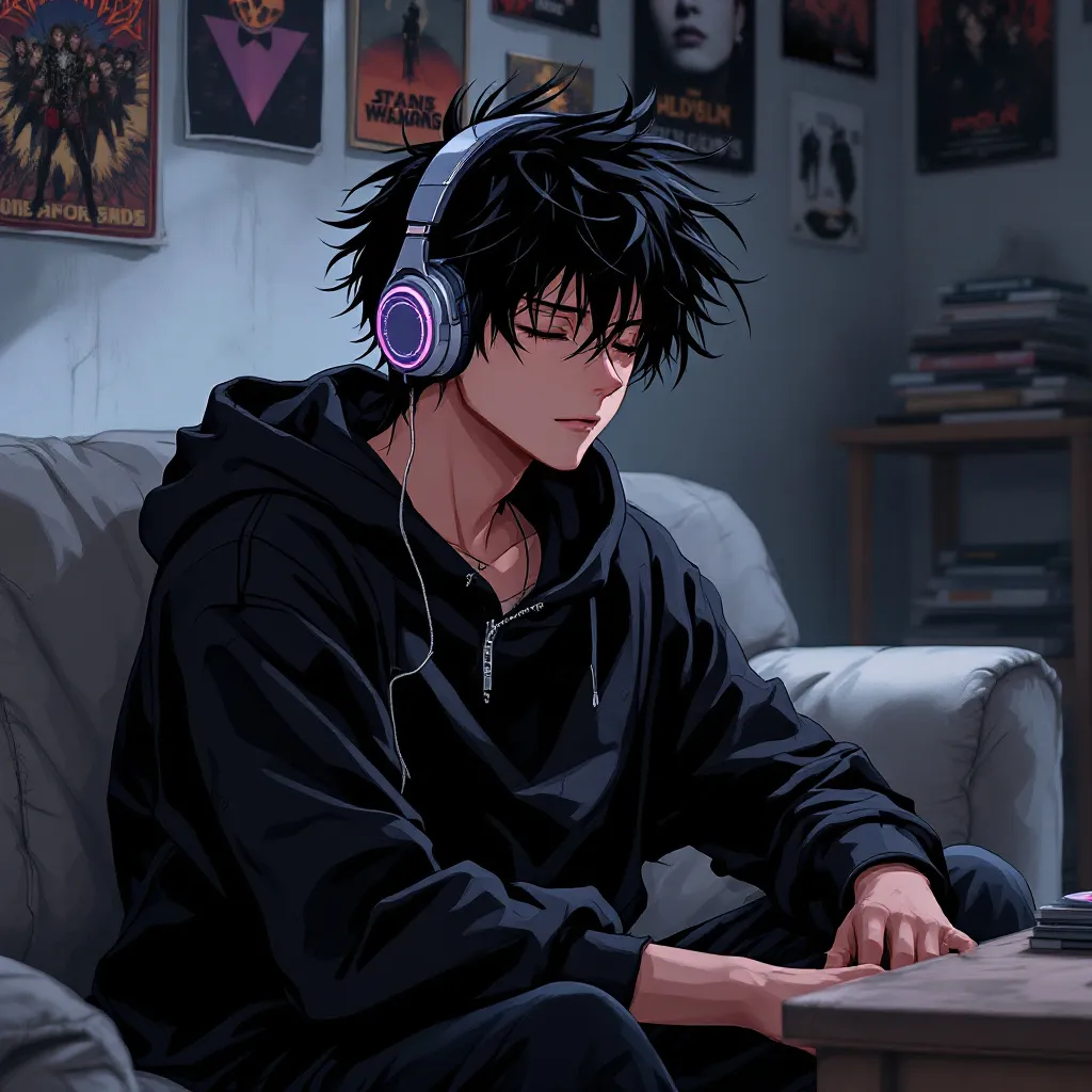 Prompt: An anime guy with a hoodie on listening to music.
