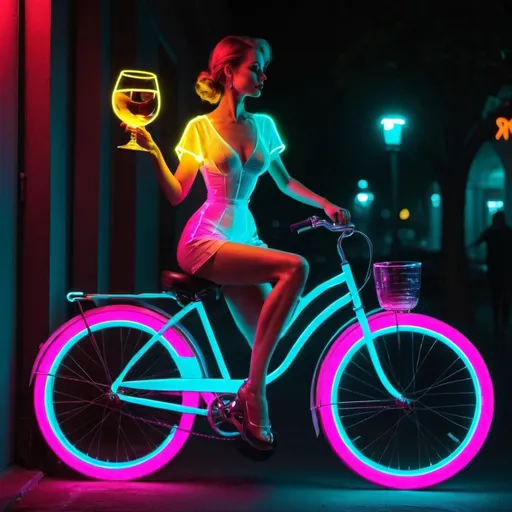 Prompt: a lady on a bicycle with a wine glass in neon colors