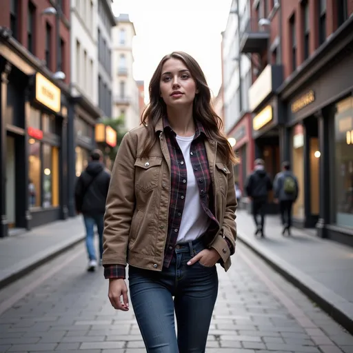 Prompt: Tall young woman walking down the high street, detailed clothing, realistic, natural lighting