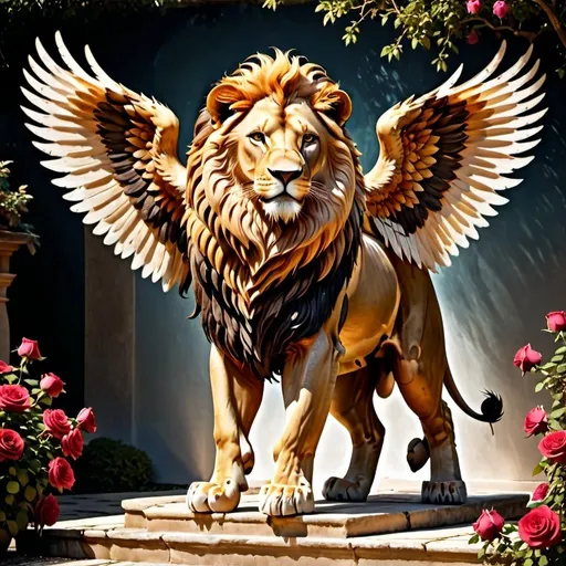 Prompt: Majestic male lion with wings, head facing forward, full body visible and stretching across the image seen from the side, detailed fur with warm tones, regal and powerful stance, golden mane flowing, include wings with intricate feather details, intense and focused gaze, dark color palette, dramatic lighting, high quality, realistic, warm tones, detailed eyes, regal, powerful, intense gaze, majestic wings, vibrant colors, dramatic lighting in a greek style rose garden as the background