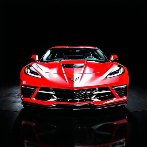 Prompt: A photo of a red 2023 Corvette from the front with a black background 
