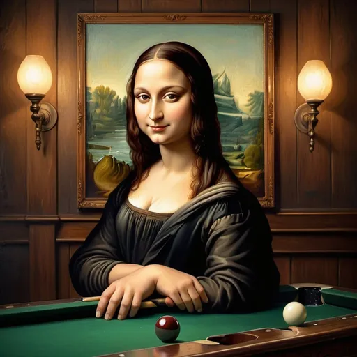 Prompt: Mona Lisa playing billiards, oil painting, billiard table with rich wood texture, vintage atmosphere, Mona Lisa with a mysterious smile, billiard cue, antique billiard balls, Renaissance style, warm tones, soft lighting, high quality, detailed brushwork, classic art, vintage ambiance