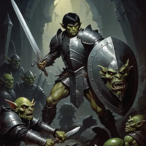 Prompt:  human strong warrior short black hair holding a great sword striking a goblin and holding a shield, full plate armor, detailed, dark colors, dramatic, 1970 dark fantasy art book ilustration