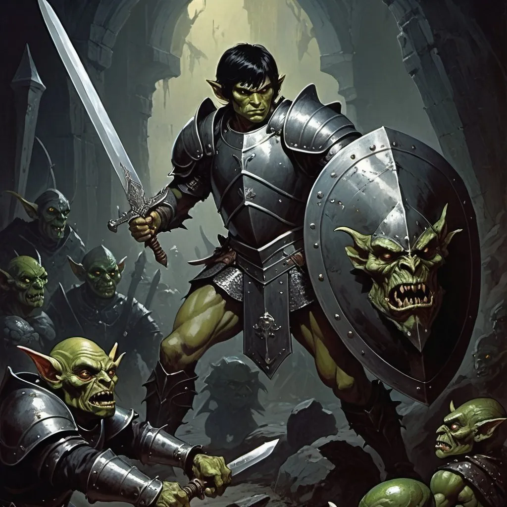 Prompt:  human strong warrior short black hair holding a great sword striking a goblin and holding a shield, full plate armor, detailed, dark colors, dramatic, 1970 dark fantasy art book ilustration