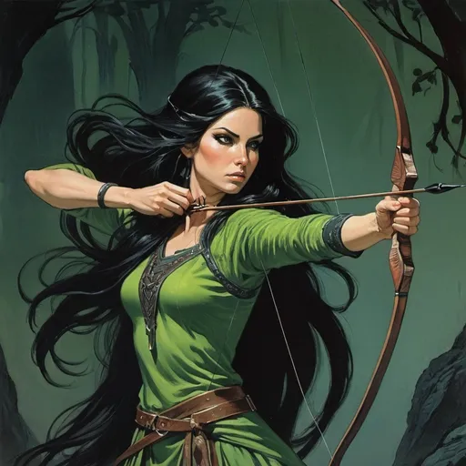 Prompt: Woman archer long black hair holding a long bow, green clothes,  detailed, dark colors, dramatic, 1970 dark fantasy art book ilustration