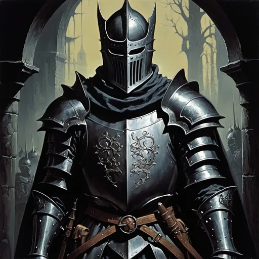 Prompt: Man Knight, detailed, dark colors, dramatic, 1970 dark fantasy,