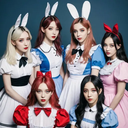 Prompt: Kpop girl group based off of alice and wonderland characters