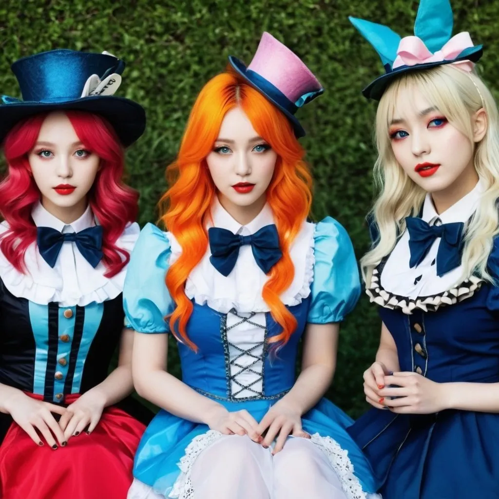 Prompt: Kpop girl group based off of the mad hatter from alice and wonderland characters