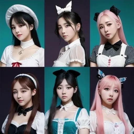 Prompt: Kpop girl group based off of alice and wonderland characters