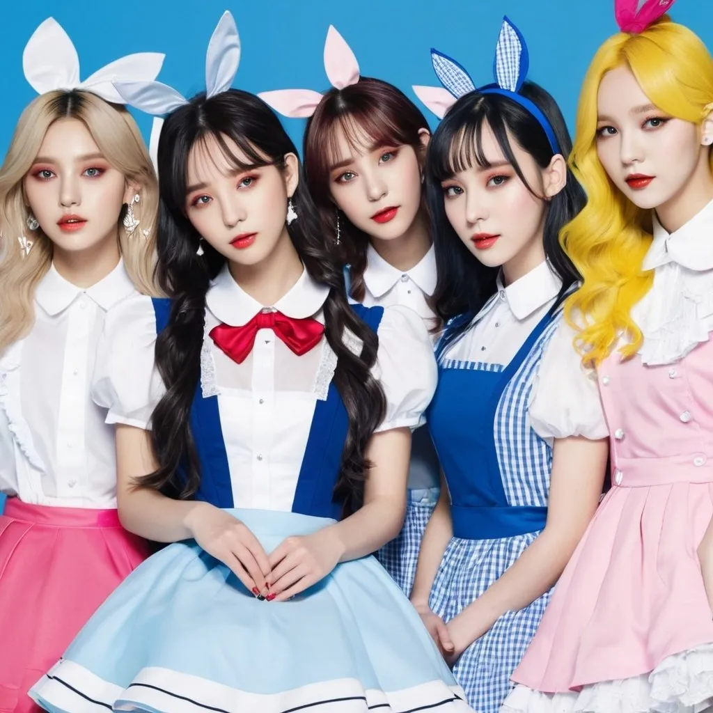 Prompt: Kpop girl group based off of alice and wonderland characters