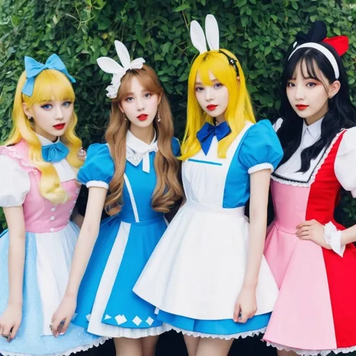 Prompt: Kpop girl group based off of alice and wonderland characters