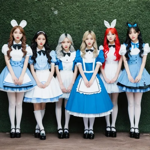 Prompt: Kpop girl group based off of alice and wonderland characters