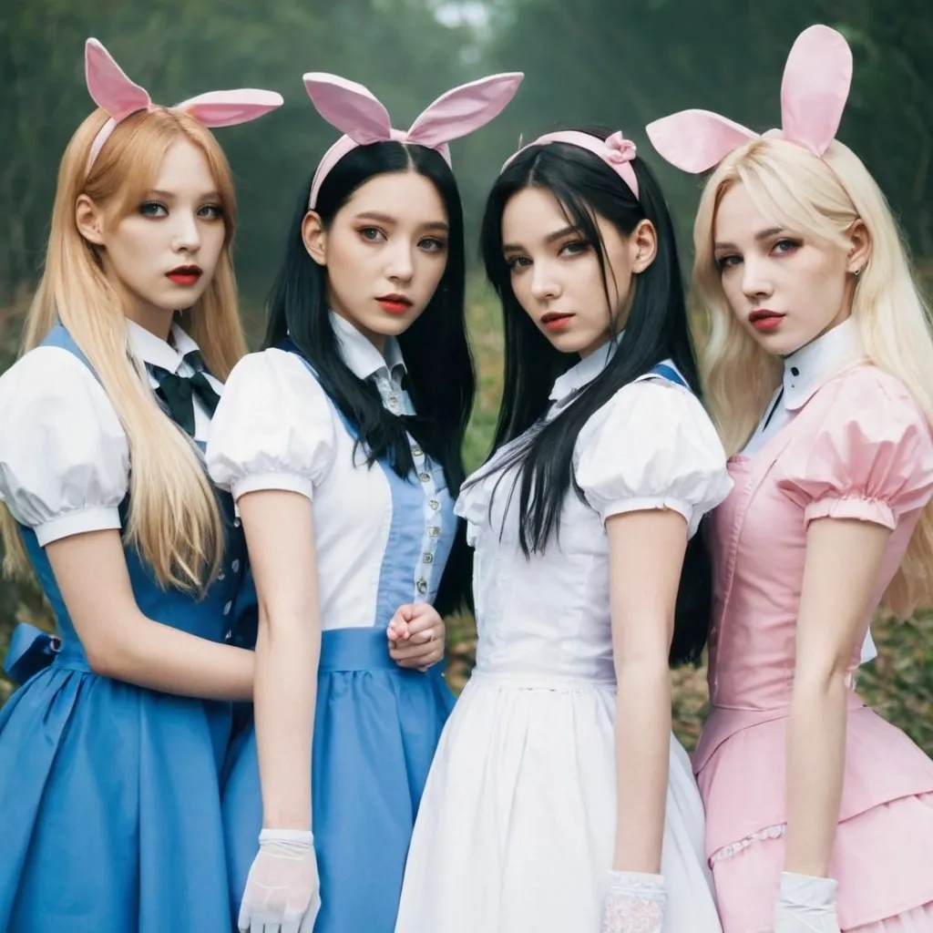 Prompt: Kpop girl group based off of alice and wonderland characters