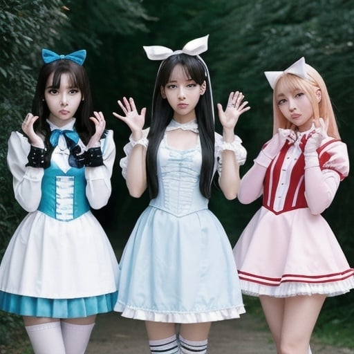 Prompt: Kpop girl group based off of alice and wonderland characters