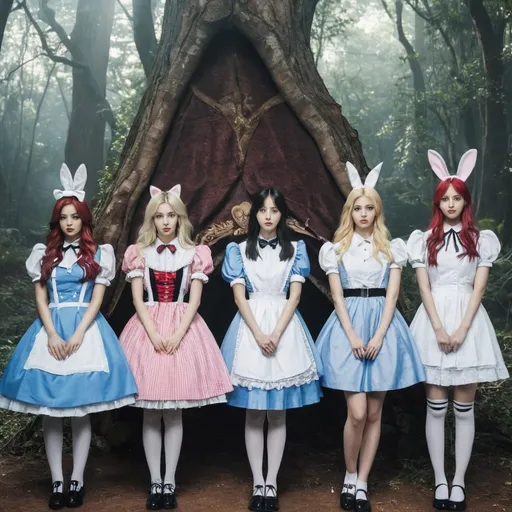 Prompt: Kpop girl group based off of alice and wonderland characters