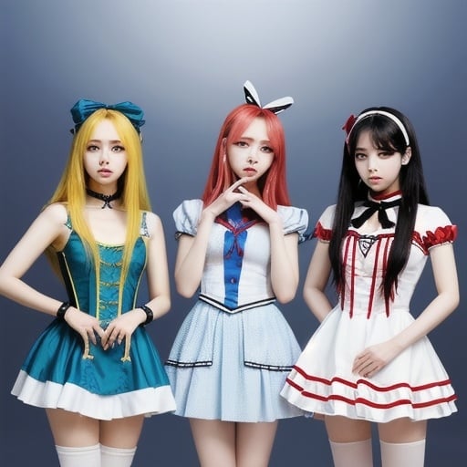 Prompt: Kpop girl group based off of alice and wonderland characters