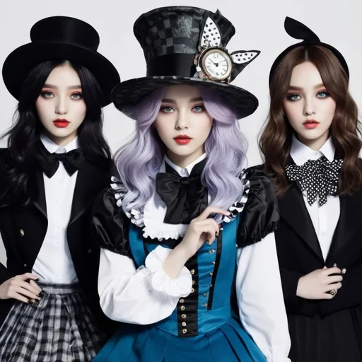 Prompt: Kpop girl group based off of the mad hatter from alice and wonderland characters