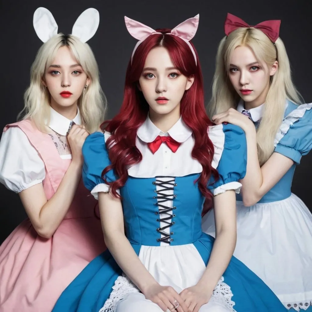 Prompt: Kpop girl group based off of alice and wonderland characters