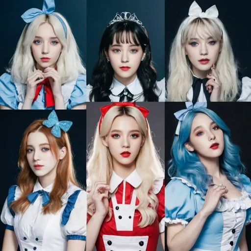 Prompt: Kpop girl group based off of alice and wonderland characters