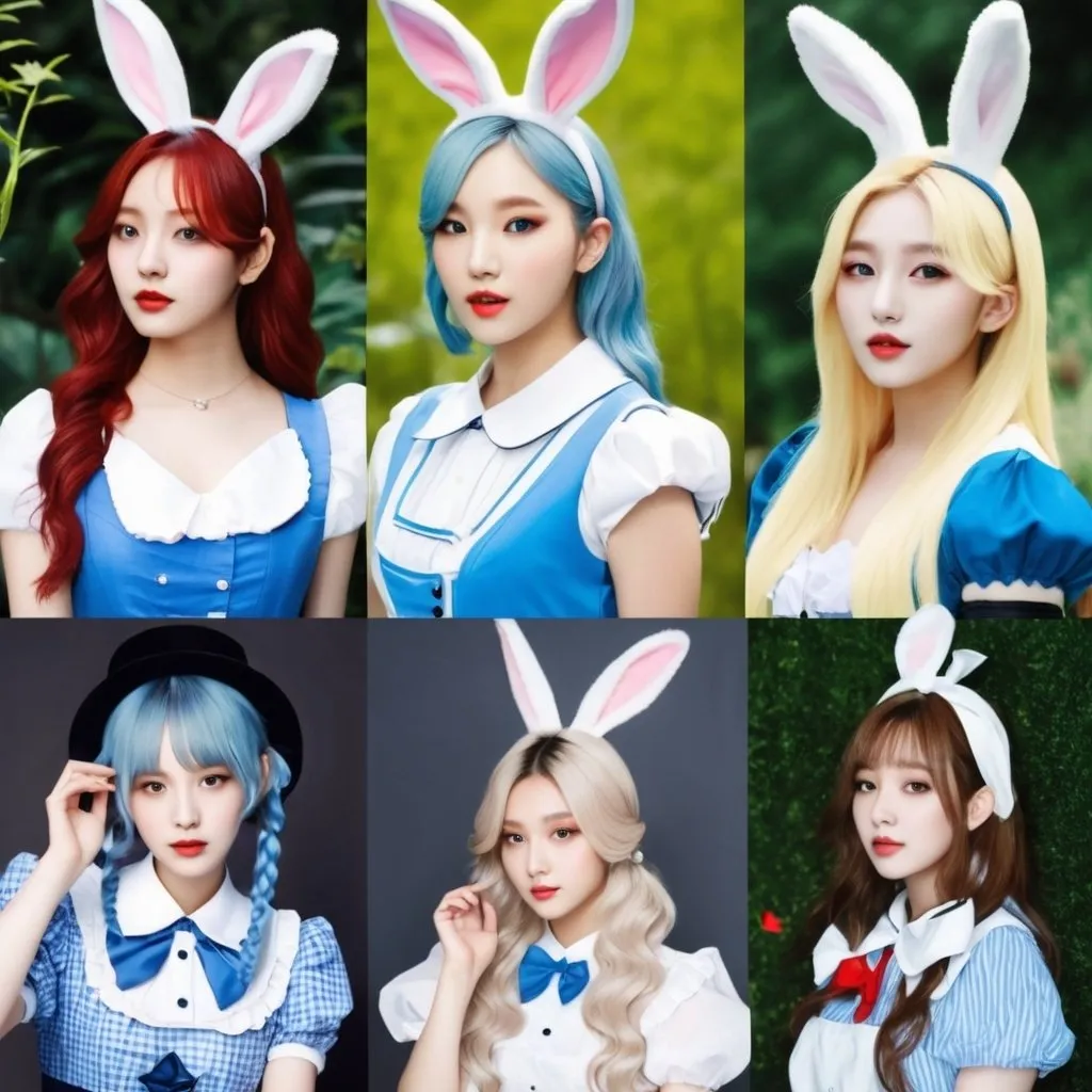 Prompt: Kpop girl group based off of the rabbit from alice and wonderland characters