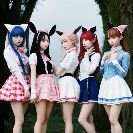 Prompt: Kpop girl group based off of alice and wonderland characters