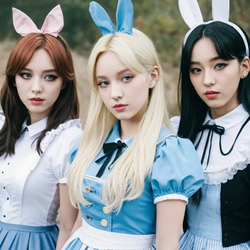 Prompt: Kpop girl group based off of alice and wonderland characters