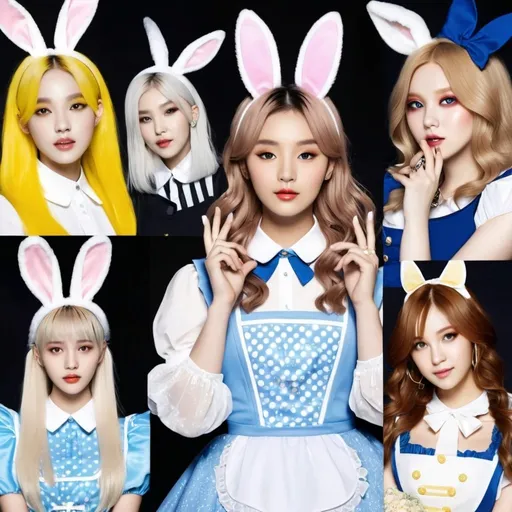 Prompt: Kpop girl group based off of the rabbit from alice and wonderland characters