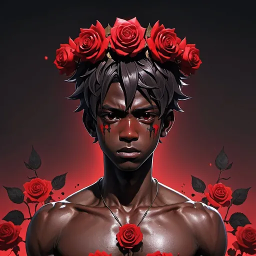 Prompt: anime boy with black skin and dark rose crown on his head with dark and red power