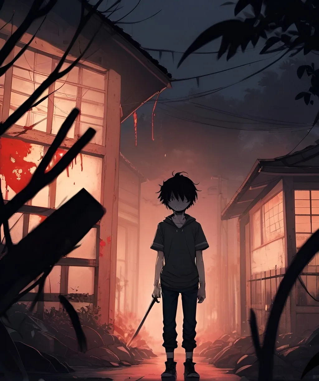 Prompt: 2d dark j horror anime style, boy, anime scene