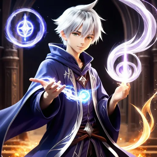 Prompt:  Anime boy, silver hair, mage, using magic spells 
