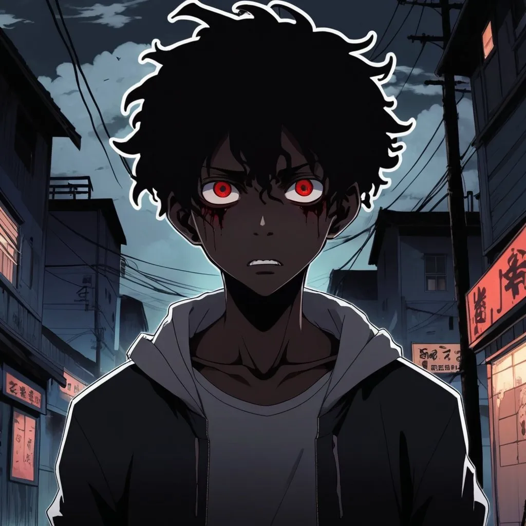 2d dark j horror anime style,black boy, anime scene