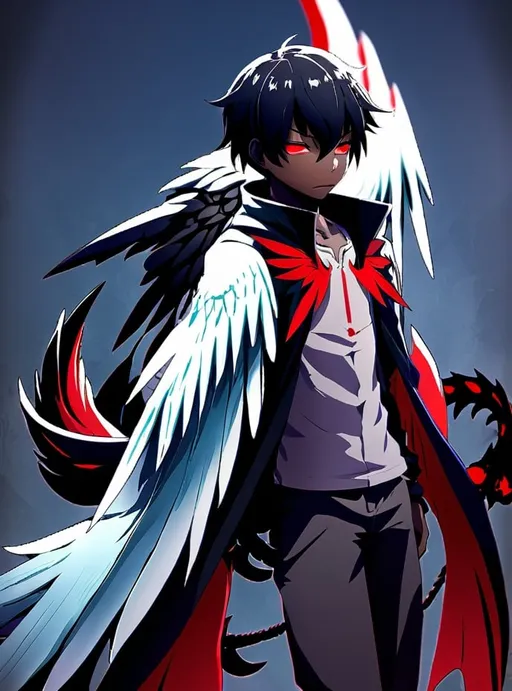 Prompt: 3d dark j horror anime style, boy, anime scene, black boy with red and black wings