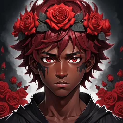 Prompt: Anime illustration of a boy with black skin and dark red hair, adorned with a rose crown, emanating dark and red power, intense and focused gaze, detailed eyes, fantasy style, vibrant red and dark tones, supernatural lighting, high quality, detailed art, anime, fantasy, dark red hair, rose crown, intense gaze, vibrant tones, supernatural, detailed eyes, high quality, fantasy style