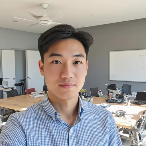 Prompt: In a modern office space, a young man poses for a selfie, exuding a sense of confidence. He wears a blue and white checkered shirt, with a relaxed expression that hints at a comfortable environment. The backdrop features a muted gray wall adorned with a whiteboard and a white ceiling fan, indicating a well-lit, indoor setting. A large wooden desk is visible, complemented by ergonomic chairs and scattered office supplies, which enhances the professional yet casual atmosphere. The lighting is bright and natural, contributing to a lively mood that invites engagement and openness.