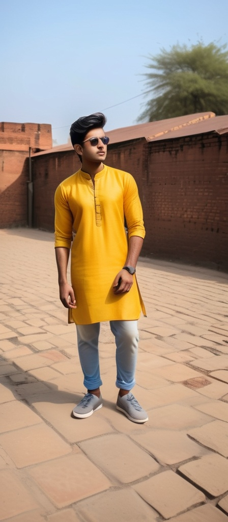 Prompt: Standing confidently in a bright yellow kurta, a young man poses against a backdrop of rustic brick walls and weathered structures, hinting at a casual outdoor setting. His outfit, complemented by light grey jeans and sporty blue sneakers, offers a modern twist to traditional attire. The warm sunlight casts subtle shadows on the cobbled ground, illuminating his focused expression and framed by lush palm branches above. In the background, a few individuals walk by, contributing to the lively, everyday atmosphere of the scene. The overall mood conveys a blend of tradition and contemporary style, set against an unassuming yet vibrant environment.
