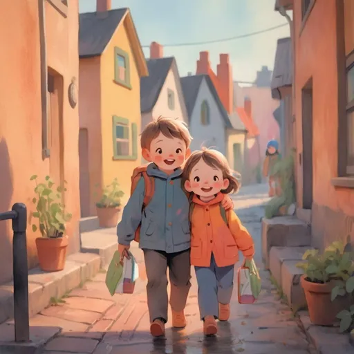 Prompt: two children brother and sister coming home for lunch to there home in a cozy town
