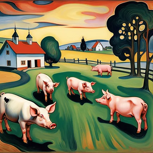 Prompt: A farm with pigs sheep goats and cows, Edvard munch, surrealism, fractals