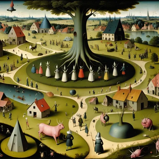 Prompt: A larges floating disembodied head, lush grassy plains, farm houses, peasants working, oak trees, hieronymus bosch, garden of earthly delights, surrealism, marching bands