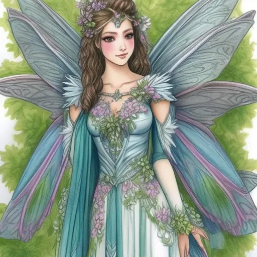 Prompt: Drawing of a fairy queen’s costume with nature on the dress
