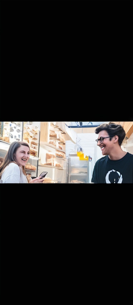 Prompt: In a vibrant bakery setting, a cheerful young man and woman share a lighthearted moment, exuding a sense of camaraderie. The young man, wearing a dark shirt and smiling broadly, engages with the woman, who glances back over her shoulder while holding a phone. Her long hair cascades down as she sports large glasses, adding a studious charm to her appearance. Behind them, the shop is awash with colorful product packaging lining the shelves, emphasizing the lively atmosphere of the place. The warm indoor lighting enhances the playful interaction, capturing a snapshot of everyday joy and connection.