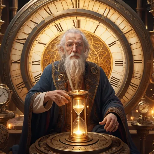 Prompt: (krono the time lord), (fragile old man), whimsical timepiece motifs, wearied expression, intricate robes adorned with time-related symbols, ethereal glow surrounding him, whimsical hourglasses, warm color tones infused with golden sunlight, rich background of swirling clocks and time portals, mystic ambiance with a hint of melancholy, ultra-detailed, 4K quality.