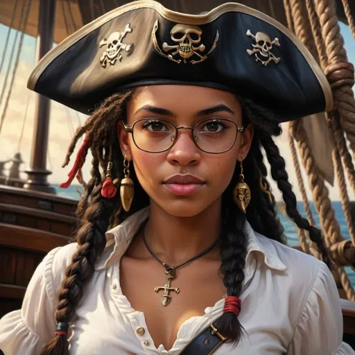 Prompt: Young Jamaican female pirate with brown eyes and round fold trimmed glasses, detailed facial features, oil painting, white pirate blouse, black hat, rugged pirate ship background, 4k, realistic, historic, vibrant colors, dramatic lighting, oil painting, detailed facial features, pirate ship, vibrant colors, dramatic lighting, realistic, high quality