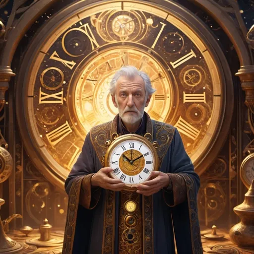 Prompt: (krono the time lord), (fragile old man), whimsical timepiece motifs, wearied expression, intricate robes adorned with time-related symbols, ethereal glow surrounding him, whimsical hourglasses, warm color tones infused with golden sunlight, rich background of swirling clocks and time portals, mystic ambiance with a hint of melancholy, ultra-detailed, 4K quality.