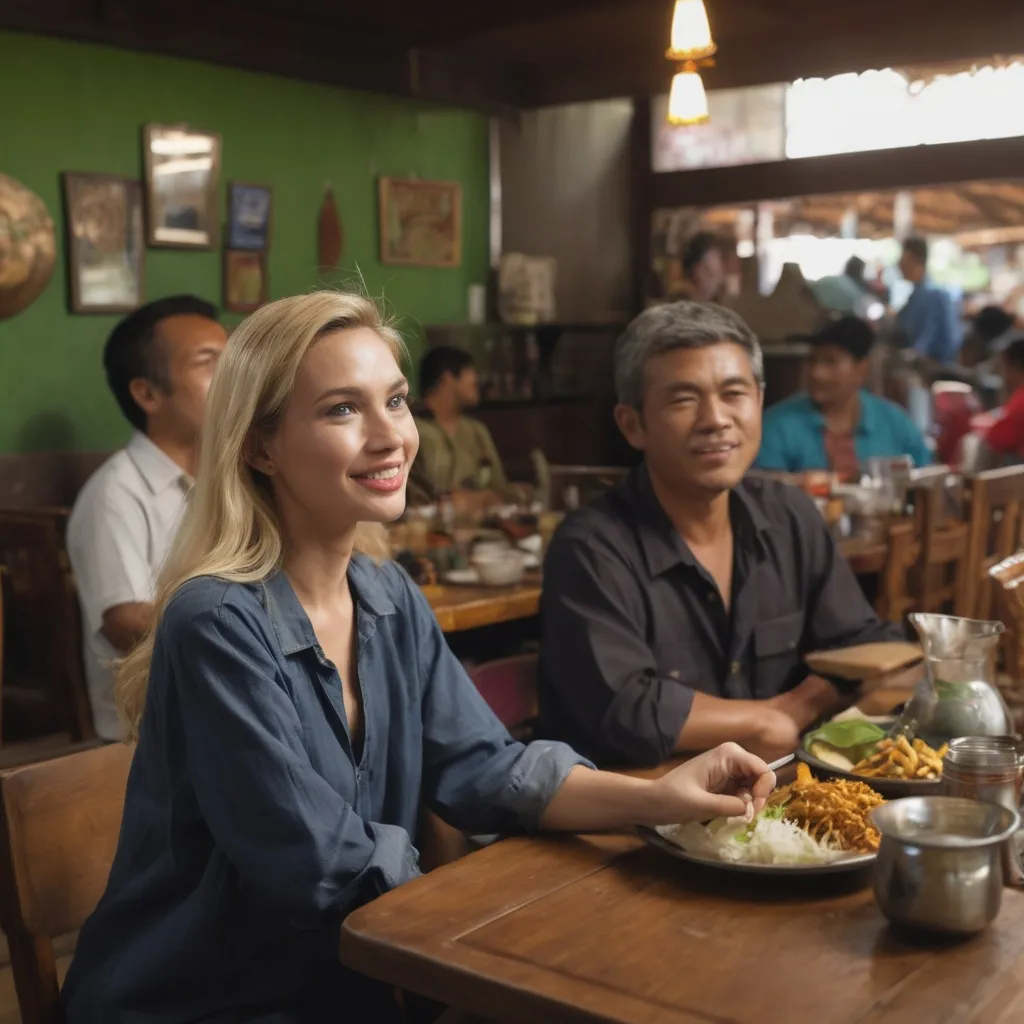 Prompt: blonde woman talk to Indonesian people in indonesian restaurant or warung with clear lightining. the background ist Indonesian warung with sort of indonesian food